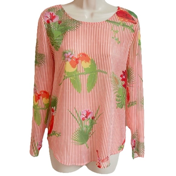 NEW Lemon Way Striped Tropical Lightweight Scoop Neck Long Sleeve Blouse Top XS - Picture 1 of 7